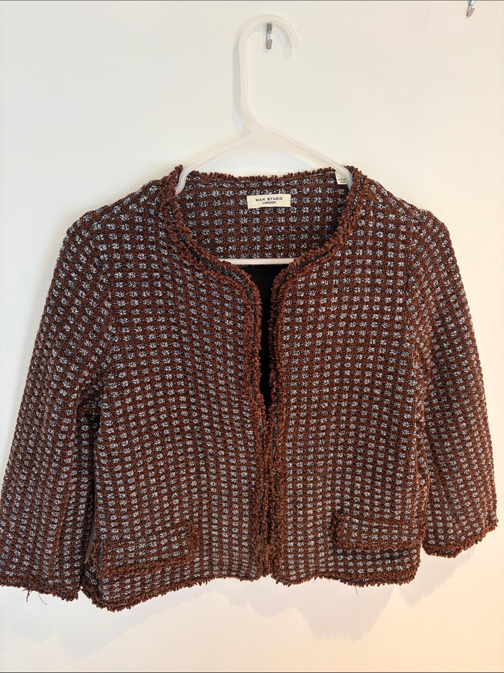 Max Studio Brown and Gray Tweed Open-Front Cardigan